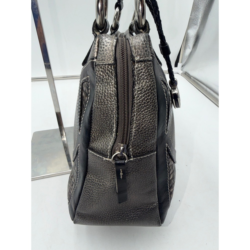 Sharif Studio Metallic Pewter Leather Shoulder Bag Black Trim Lime Green Lining - Picture 4 of 10